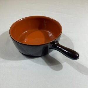Vintage Ceramic Onion Soup Bowl Brown Orange Stoneware Ramekin With Handle 6 in